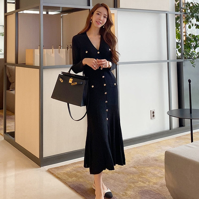 Vintage Korea Maxi Dresses for Women Party Lengan Panjang V-Neck Mermaid Dress Fashion Ladies Elegan Vestidos Femme Autumn 2023