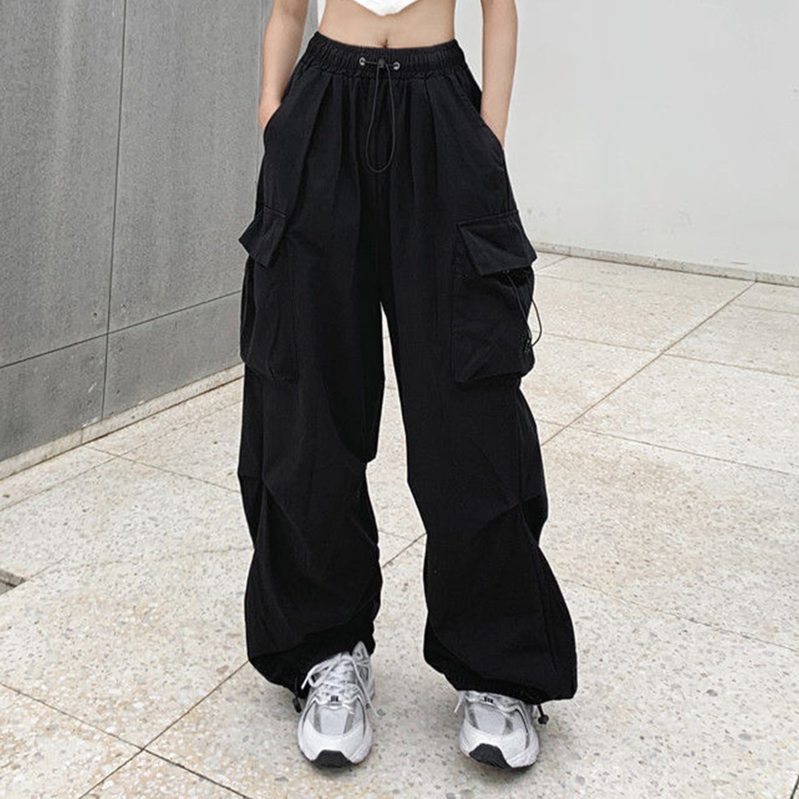 Fashion Casual Cargo Pants American Style Women Casual Cargo Trousers Elastic Waist Vintage with Pockets Solid Color Streetwear