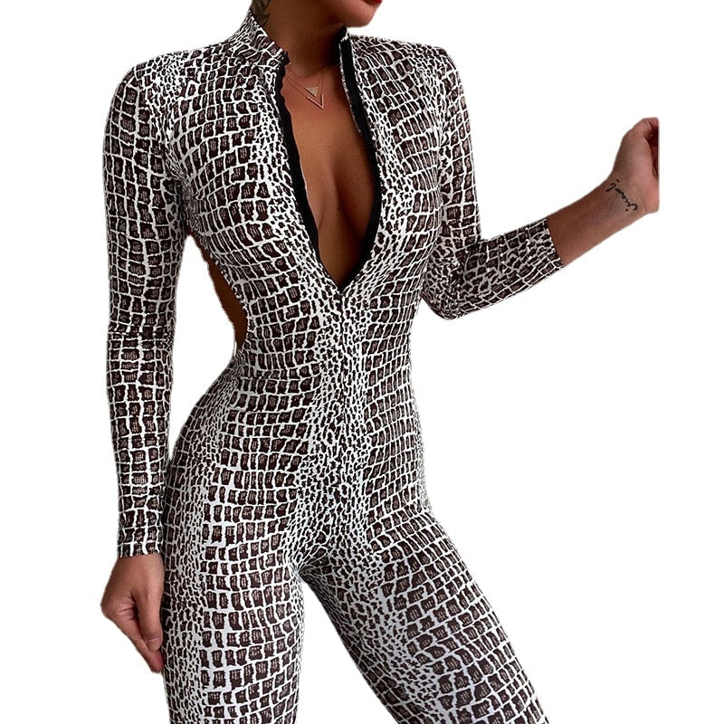 New Snakeskin Printed Long Sleeves Jumpsuits for Women Spring Summer Backless V-Neck Sexy Sport Bodysuit silver