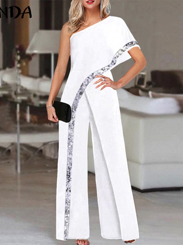 Women's Summer Rompers Elegant Office Formal Jumpsuits Casual Solid One Shoulder Sexy Loose Party Overalls Oversized Style B White