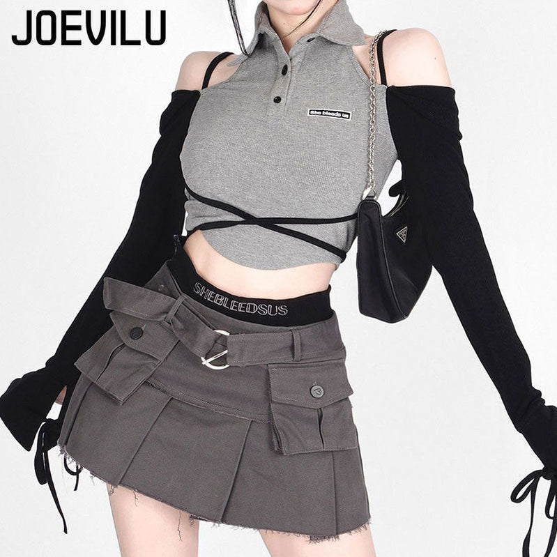 Gothic Skirt Set Polo Neck Waist Strap Off Shoulder Long Sleeve T-Shirt Pleated Denim Skirt 2 Piece Sets Women Outfits Y2k Suit