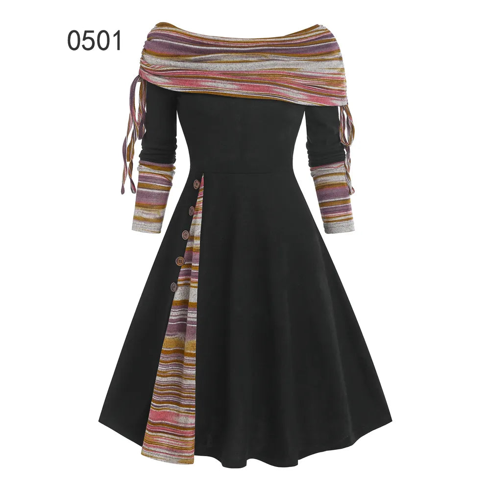 Convertible Cinched Striped Flare Dress Foldover Off The Shoulder Knitted Dresses Women Long Sleeve Jurken Multi0501