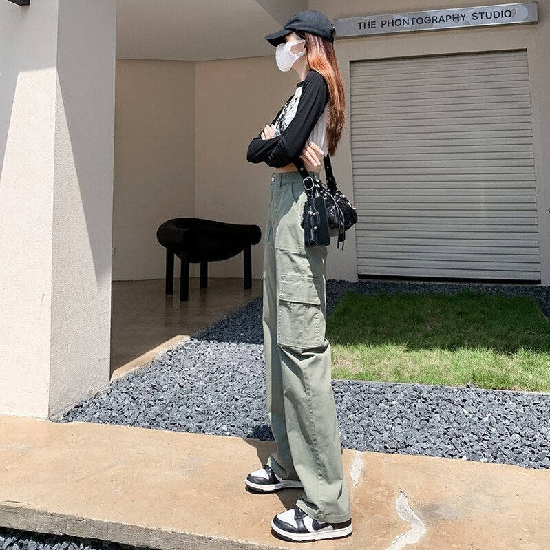 American Retro Khaki Green Pockets Cargo Pants Women 90s Baggy Workwear Jeans Female Straight Loose Wide Leg Trousers Summer Y2k