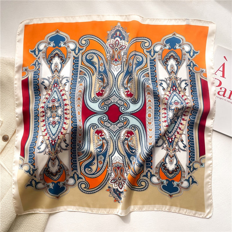 Luxury Print Satin Silk Square Scarf for Women Shawl Hijab Neckerchief Female Hair Ribbon Headband Fashion Wrap Bandana New FJ644-2