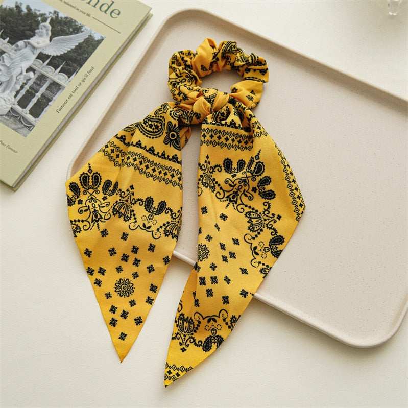 Fashion Print Chiffon Long Ribbon Scrunchies Women Girls Ponytail Scarf Elastic Hair Bands Ties Hair Accessories Wholesale 39