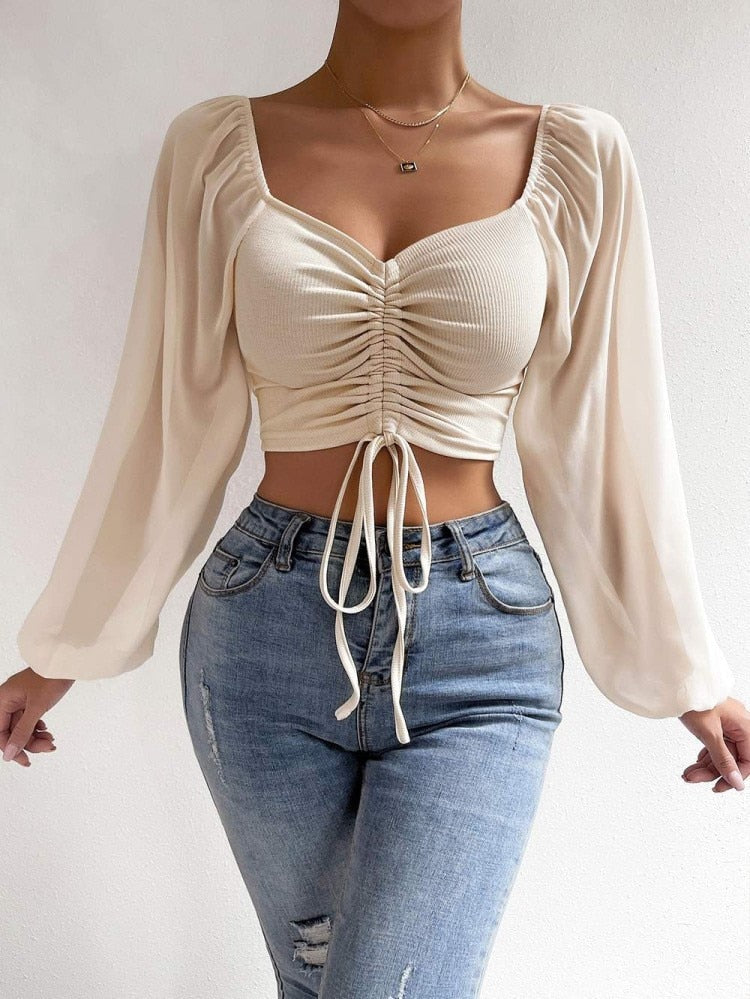 Sexy V-neck Women T Shirt Casual Drawstring Crop Tops Tee Ladies Blusas Summer Short Tshirt Woman Clothes Long Sleeve T Shirt Apricot