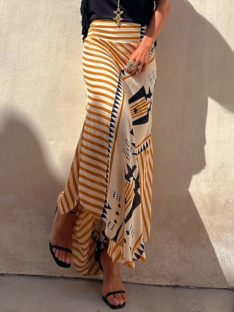 Boho Retro Patchwork Print Skirt Women Summer High Waist A-Line Elastic Long Skirts Casual Holiday Beach Skirt