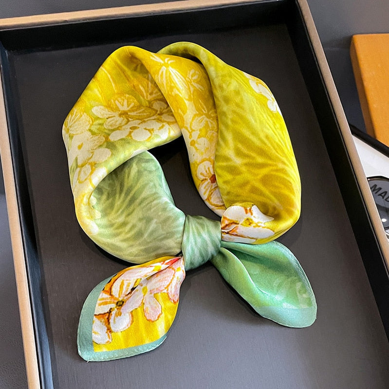 53cm Real Silk Nature Scarf Women Neckerchief Foulard Bandana Small Hairbands Fashion Floral Neck Ties for Office Lady New ZS-287 53x53cm