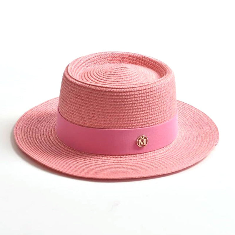 New Summer Straw Sun Hats for Women Ladies Fashion Flat Brim Ribbon Beach Hat Travel Dress Cap chapeau femme Purple 56-58CM
