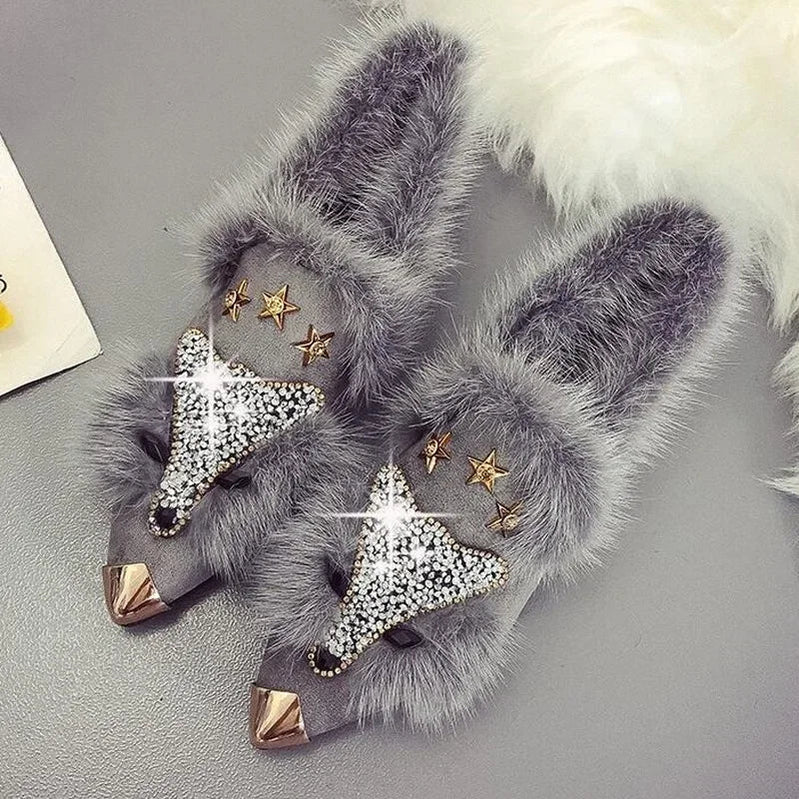 Crystal Fox Pattern Winter Flat Loafers Women Metal Pointed Toe Glitter Fur Moccasins Brand Design Ballet Flats Ladies Shoes