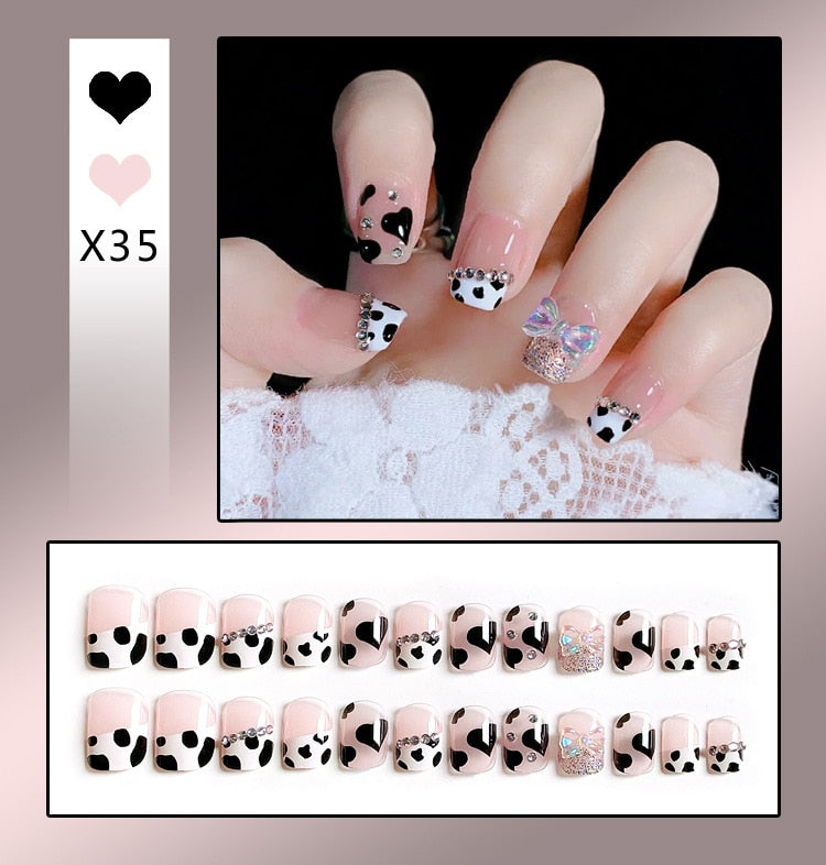 24PCS/Box Bowknot Rabbit Pattern Pearl Short Square Designer Fashion Design French Style Full Covering Pressed Fake Nails X35---Fake Nails