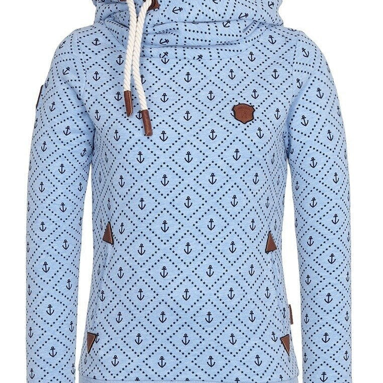 Anchor Print Big Size Hoodies Women 5xl Poleron Mujer 2024 Korean Street Pocket Sweatshirt Drawstring Slim Fit Hipster Hoodie blue hoodie