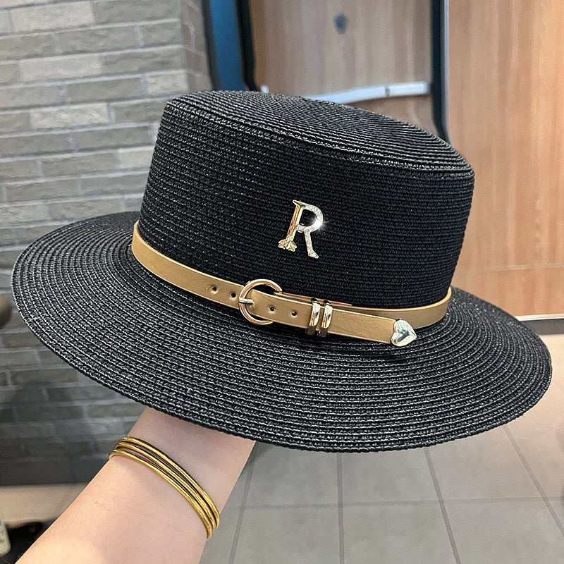 2023 New Metal R Letter Buckle Straw Hat Leisure Summer Sunscreen Hat Women's Fashionable Beach Hat Vintage Hat Church Hats