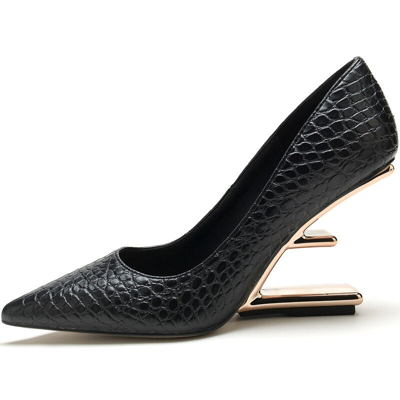 Metal High Heels Women Shoes Strange Style Pumps Women Pointed Toe Buckle Party Dress Shoes Women Fashion Zapatos De Mujer Black 03