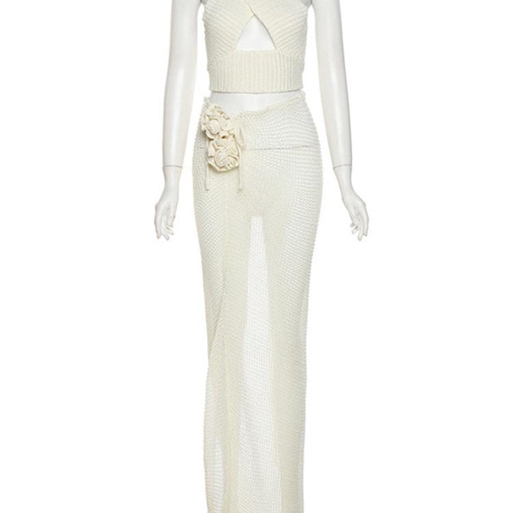 Tawnie Y2K Floral Appliques Knitted 2 Piece Sets Women 2023 Summer Sexy Halter Crop Top Split Maxi Skirt Sets Party Club Outfits