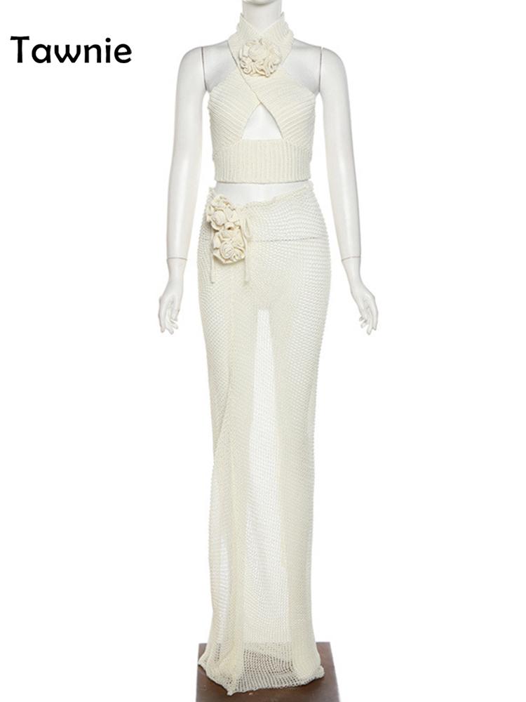 Tawnie Y2K Floral Appliques Knitted 2 Piece Sets Women 2023 Summer Sexy Halter Crop Top Split Maxi Skirt Sets Party Club Outfits