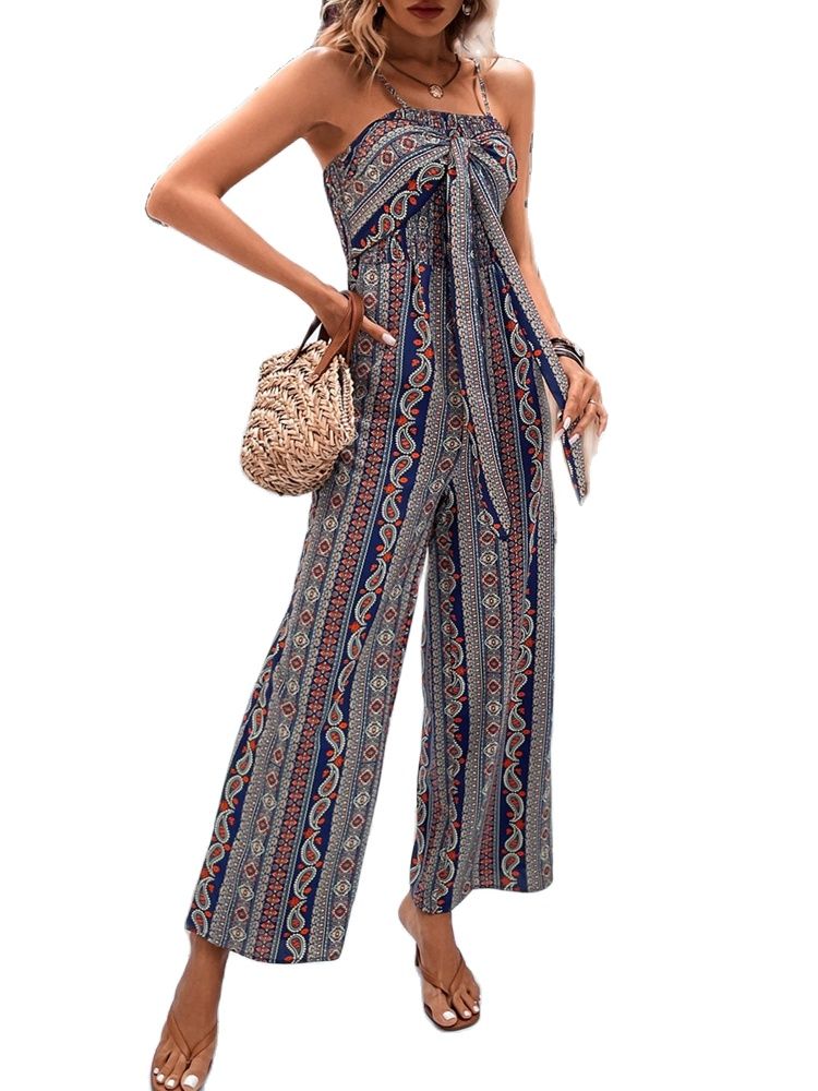 Summer Fashion Women's Wrap Python Suspender Wide Leg Jumpsuit