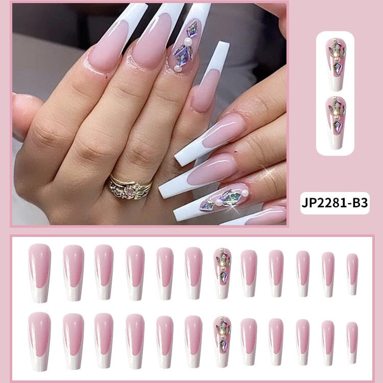 Glossy Pink Wearable Nail Art Blue Rhinestone Extra Long Ballet Detachable Finished False Nails Press on Nails with Glue MT590JP2281B3