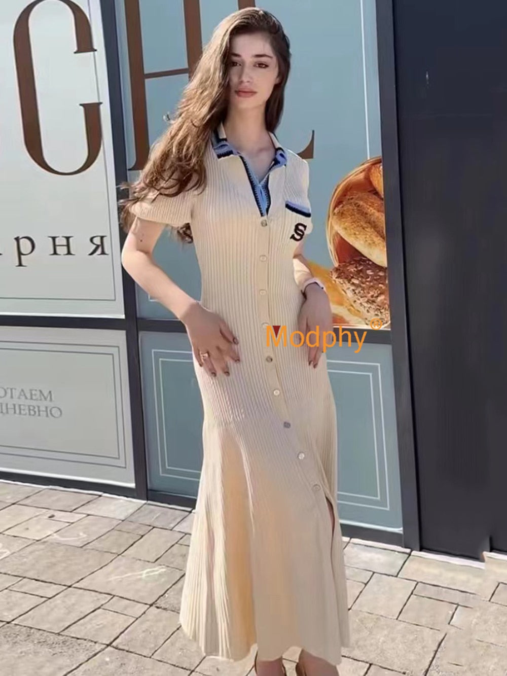 Modphy Elegant Slim Knitted Long Dress Women's Single breasted Long sleeved Designer Slim Vintage Dresses Autumn