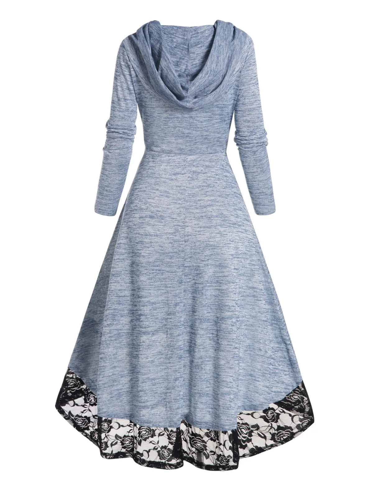 Autumn Space Dye Hooded Dress Flower Lace Panel High Waisted Long Sleeve High Low One Piece Midi Long Dresses For Women