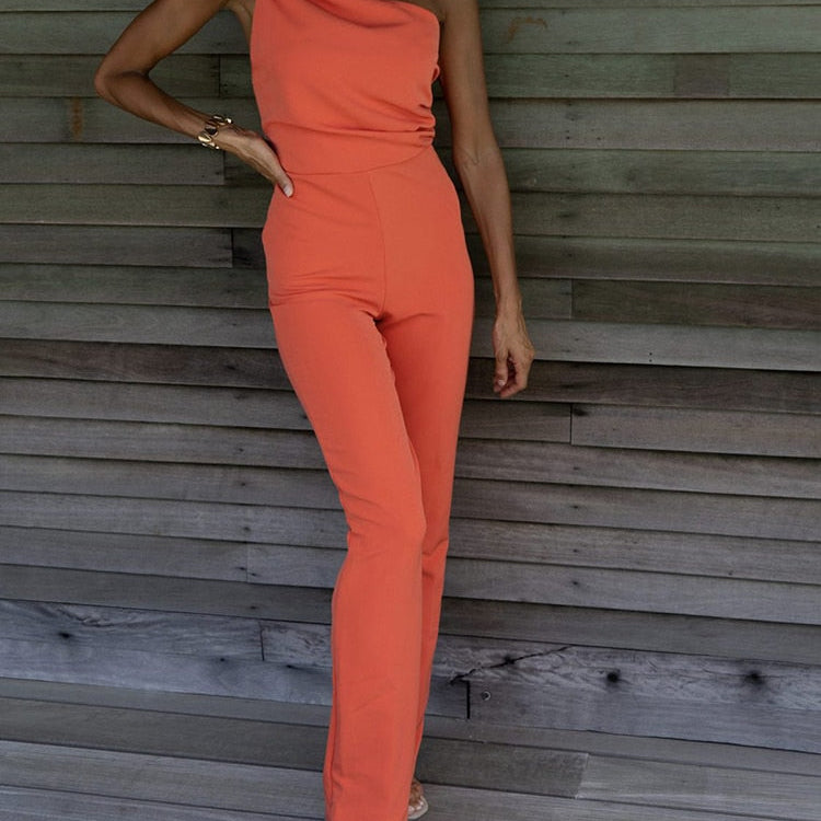 Sexy Backless Sleeveless Jumpsuit Summer Women Elegant Diagonal Collar One Shoulder Playsuits Fashion Solid Slim Ladies Rompers 04 Orange