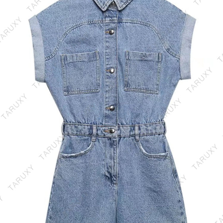 TARUXY Lapel Pocket Denim Jumpsuit Women Sexys Short Sleeve Slim Bodycon Ropa De Mujer Casual Overalls One Piece Womens Clothing