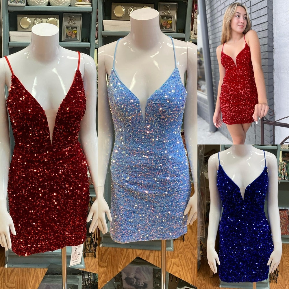 Sequin Velvet Cocktail NYE Dress 2023 Sexy Lady Short Formal Event Homecoming Party Gown Club Night Hoco Gala Interview Red Blue - Basso & Brooke