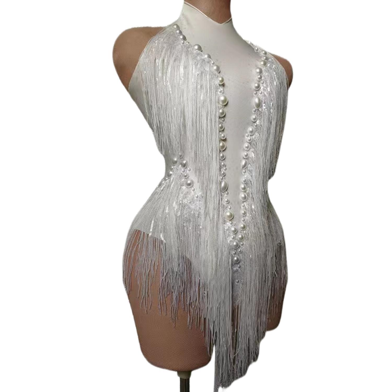 Women Nightclub Outfit Dance Costume One-piece Stage Wear Sexy Performance Clothing Sparkly Black Stones Sequins Fringes Leotard White