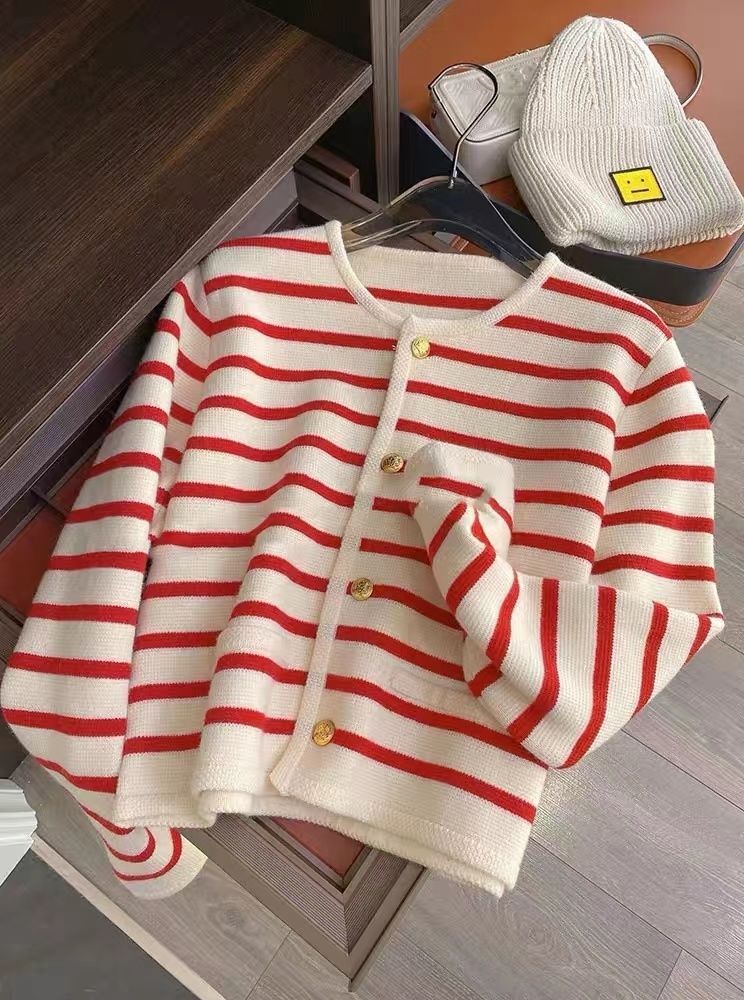 Korean Fashion Sweater Cardigan White Black Striped Knitted Sweater Women Winter Short Cardigan Long Sleeve Cardigan Female Red