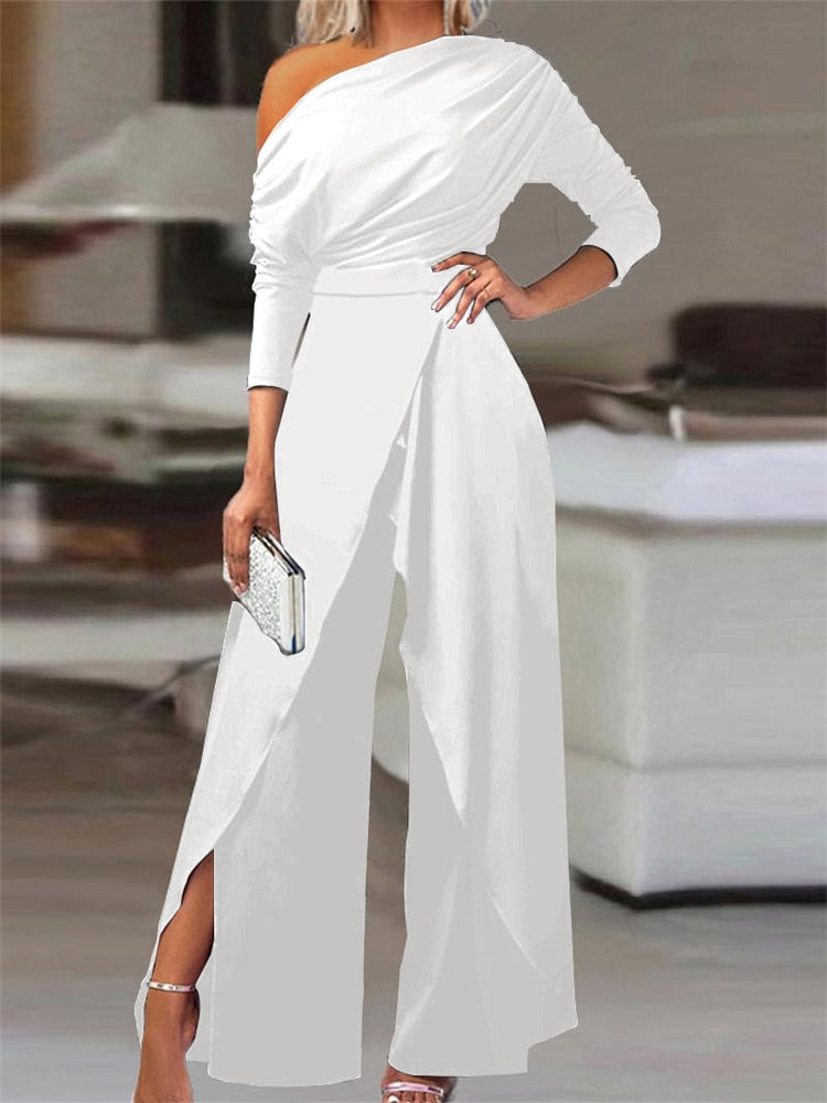 Elegant Jumpsuits for Women Spring New Plain Elegant Office Lady Loose Ruched Cold Shoulder Split Hem Wide Leg Jumpsuit