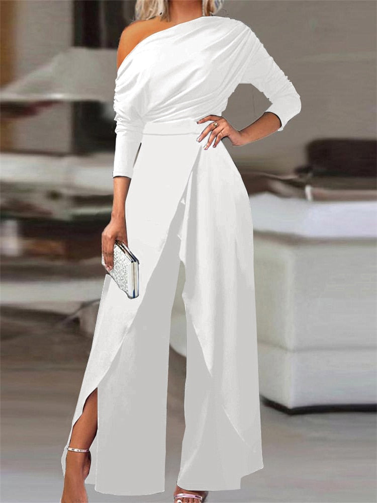 Elegant Jumpsuits for Women Spring New Plain Elegant Office Lady Loose Ruched Cold Shoulder Split Hem Wide Leg Jumpsuit White