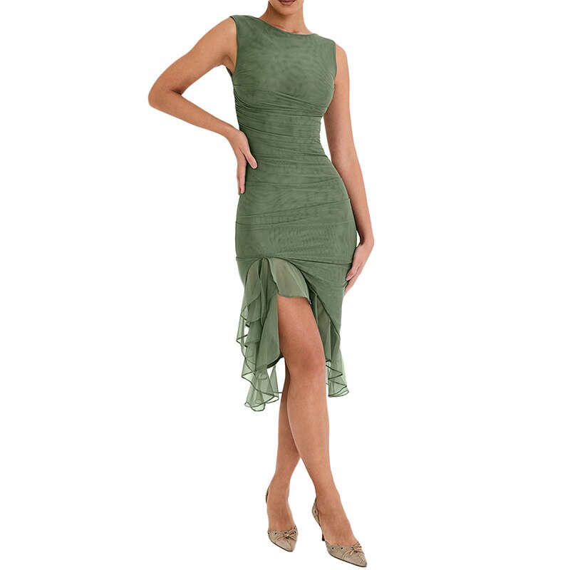 Women Sleeveless Bodycon Dress Solid Color Backless Mesh Ruffled Party Dress for Club Streetwear