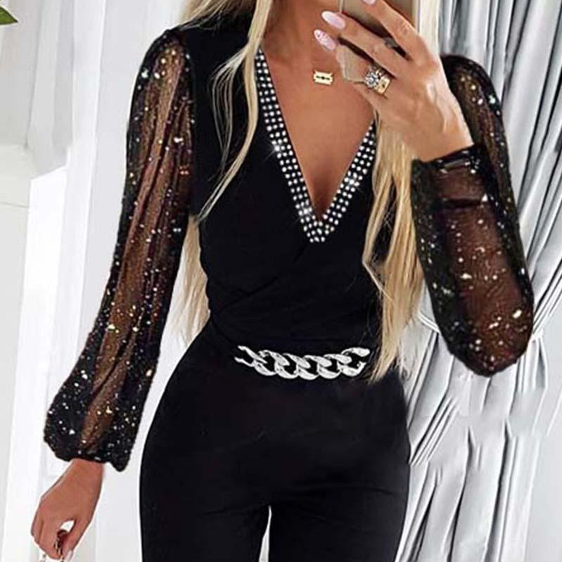 Deep V Neck Mesh Long Sleeve Jumpsuit One Piece Overall Women Black Elegant Rhinestone Chain Glitter Party Night Sexy Bodysuits