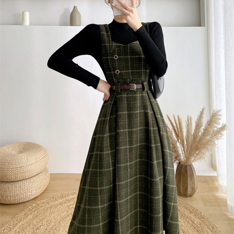 Fall Winter Women Sweater Overalls Dress Sets Casual Knitted Tops +Plaid Woolen Dress 2 Piece Sets Outfits Female Picture color 3