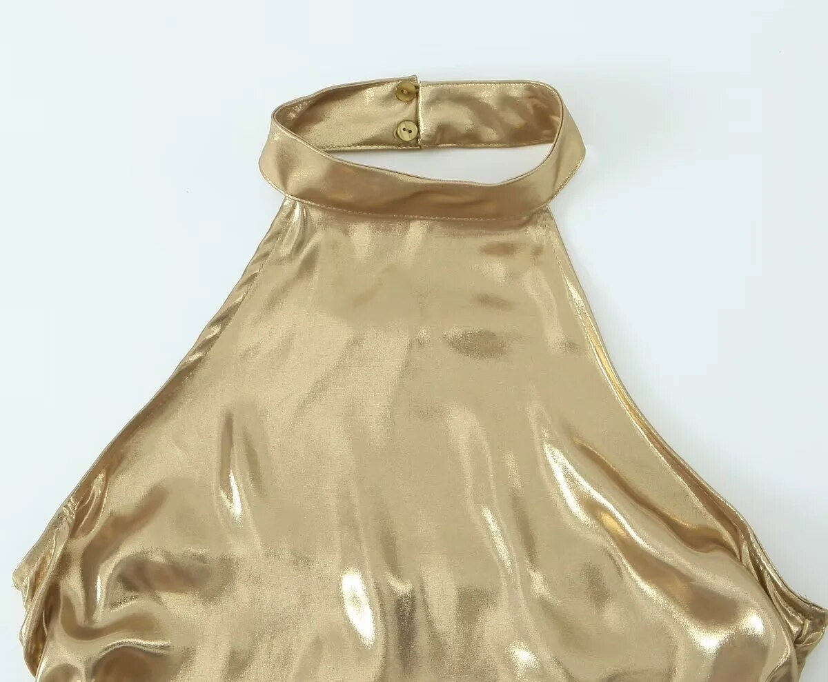 Women Metallic Glitter Hanging Neck Crop Top Y2K Fashion Sleeveless Ruched Top Summer Sexy Backless Slim Tops