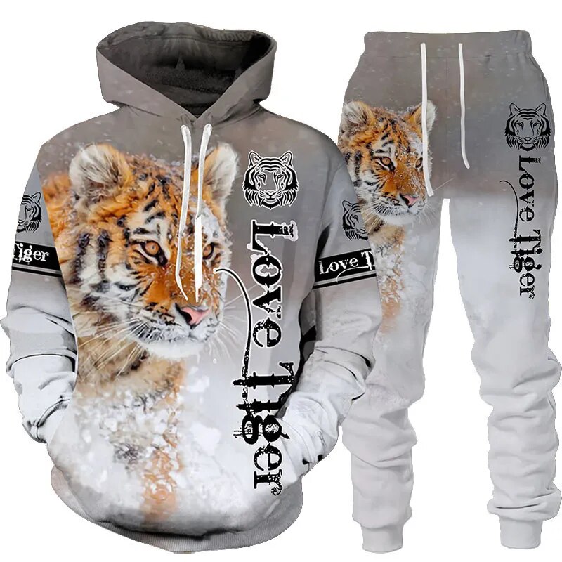 Animal Tiger Printed Hoodie Set Autumn and Winter Men's and Women's Long Sleeve Fleece Sweater Pants 2-piece Sports Set Harajuku HST91CL1099