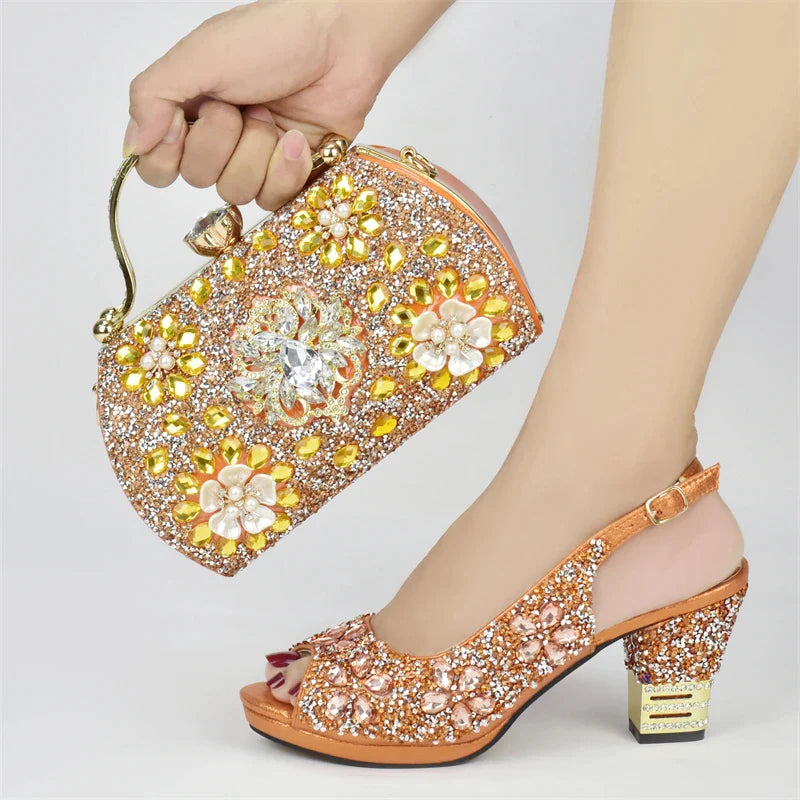 Nigerian Party Shoes with Bag Set Decorated with Rhinestone Shoes for Women Designer Luxury Wedding Shoes Bride Orange