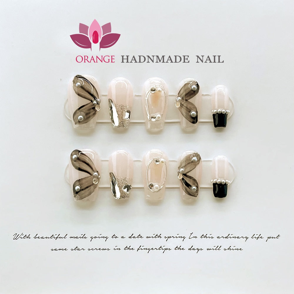 Black Fake Press on Nails Full Cover Ballerina Korean Handmade Manicuree Heart Decoration Nail Art Wearable Artificial Nail Tips Spain