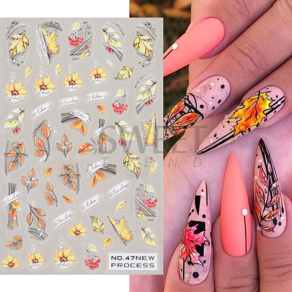 Snow Bird Winter Autumn Nail Art Stickers Maple Leaf Cotton Flower Fall Design Line Adhesive Sliders Manicure Decoration JINO-48