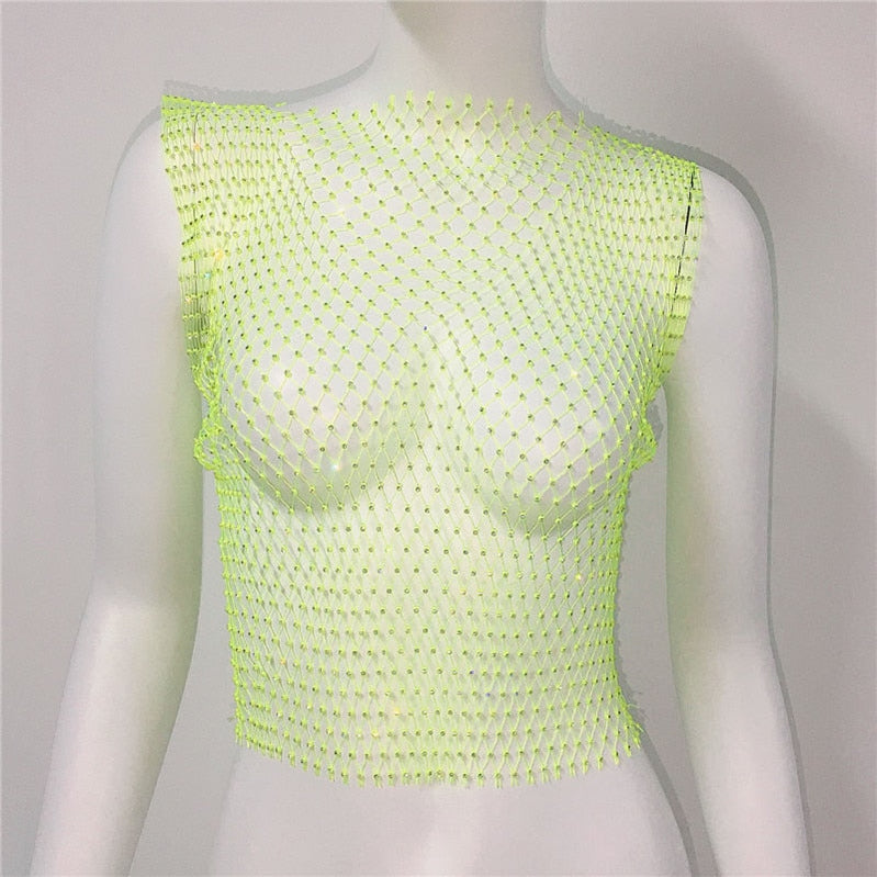 Women's Fishnet Rhinestone Crop Top 2023 Summer Sexy Mesh High Elastic Black White Shirt Net See Through Rave Diamond Tank Top Green Spain