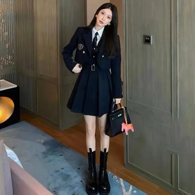 College Style 2 Piece Jacket Skirt Suit Women Spring Autumn Skirt WITH Belt+Streetwear Harajuku BF Casual Coat