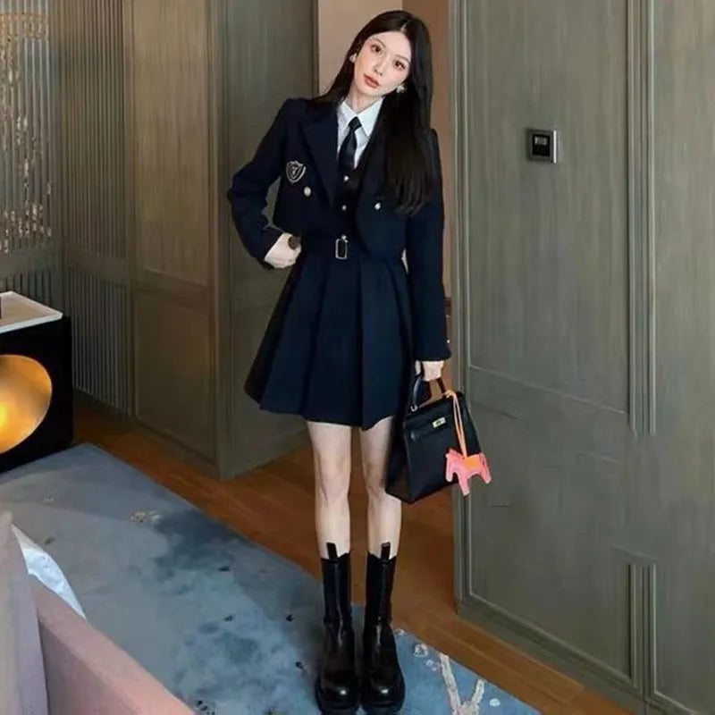 College Style 2 Piece Jacket Skirt Suit Women Spring Autumn Skirt WITH Belt+Streetwear Harajuku BF Casual Coat