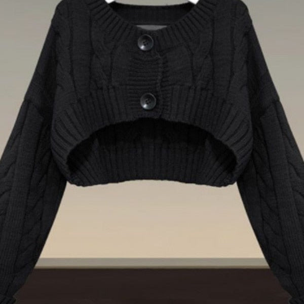 Fall Winter Two Piece Sets Women Outfits Korean Casual Long Sleeve Twist Knitted Short Sweater And Straped High Waist Dress Sets top