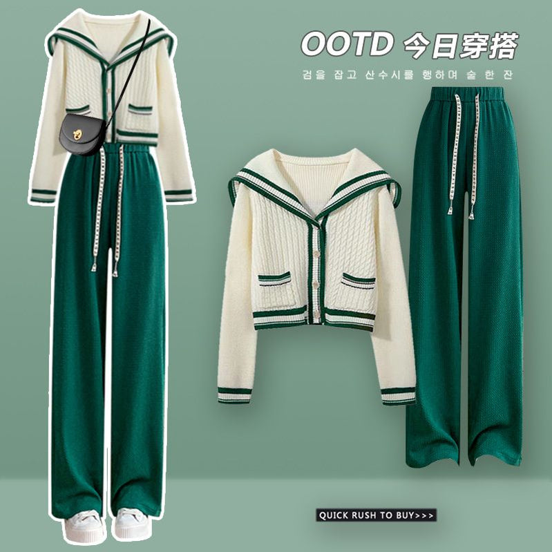 Sailor Collar Two Piece Set for Women Knitted Cardigan + Pant Sets Long Sleeve Korean Outfit Tracksuit New Knit Autumn Suit