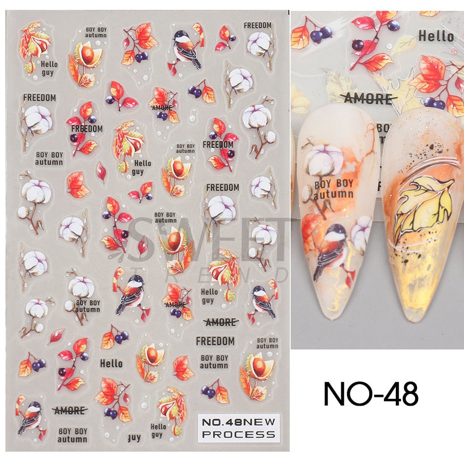 Snow Bird Winter Autumn Nail Art Stickers Maple Leaf Cotton Flower Fall Design Line Adhesive Sliders Manicure Decoration JINO-48 NO-48