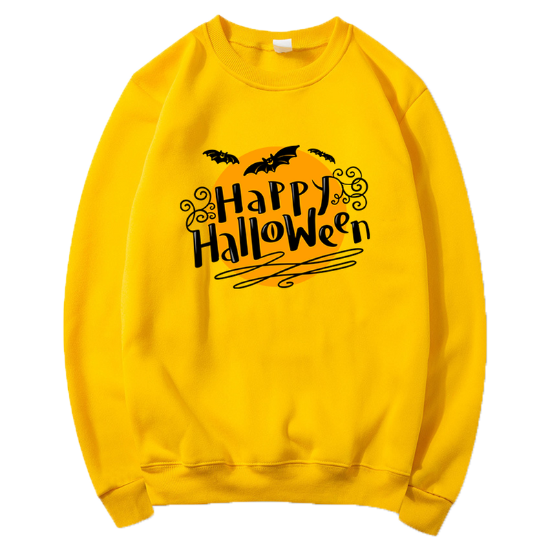 Fashion Halloween Pattern Print Crew Neck Sweater Casual Sports Outdoor Cute Long Sleeve Sweatshirt Yellow