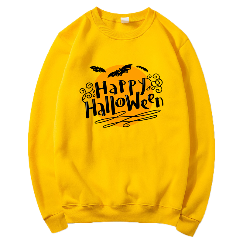 Fashion Halloween Pattern Print Crew Neck Sweater Casual Sports Outdoor Cute Long Sleeve Sweatshirt Yellow