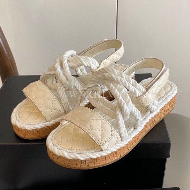 New Summer Women Real Leather Splicing Hemp Rope Open Toe Casual Sandals With Sticky Strap Design Resort Beach Flat Shoes