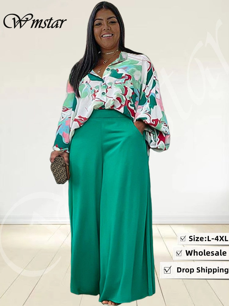 Plus Size Two Piece Set Women Print Shirts Tops and Pants Pockets Wide Leg Fall Fashion Matching Suit