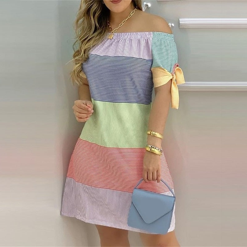 Women's Dress Summer Fashion Tropical Print Half Sleeve O-Neck Dresses Female Casual Party Beach Mini Loose Dress Vestidos EA01022-Color 3